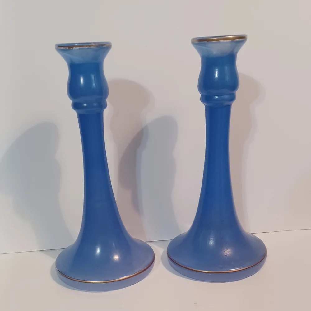 Pair Blue Art Deco Candlestick Holder by Tiffin Glass Circa 20's